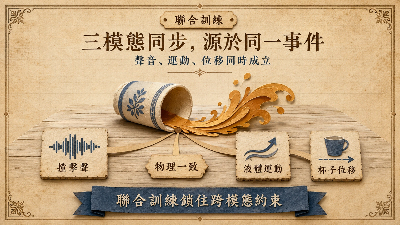 陶杯翻倒的同一事件，同步對應撞擊聲、液體運動與杯子位移三種模態。