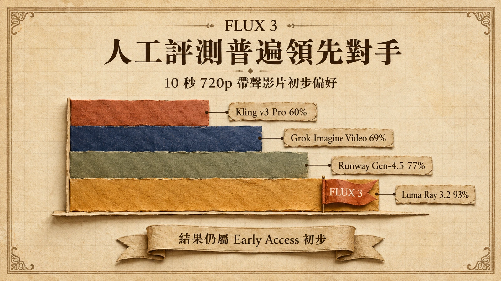 FLUX 3 在使用者偏好測試中，對四款主要影片模型均取得較高勝率。