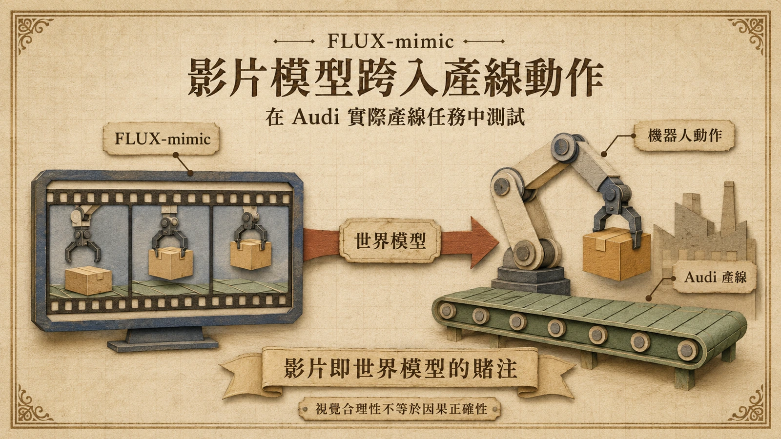 從搬箱影片學到的世界模型，可轉移到機器手臂執行相同動作。