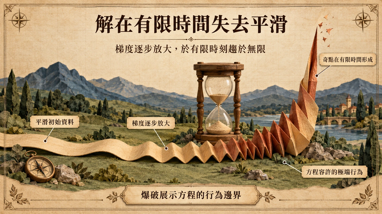 平滑解的梯度隨時間持續放大，在有限時間點衝向無限而形成奇點的示意圖。