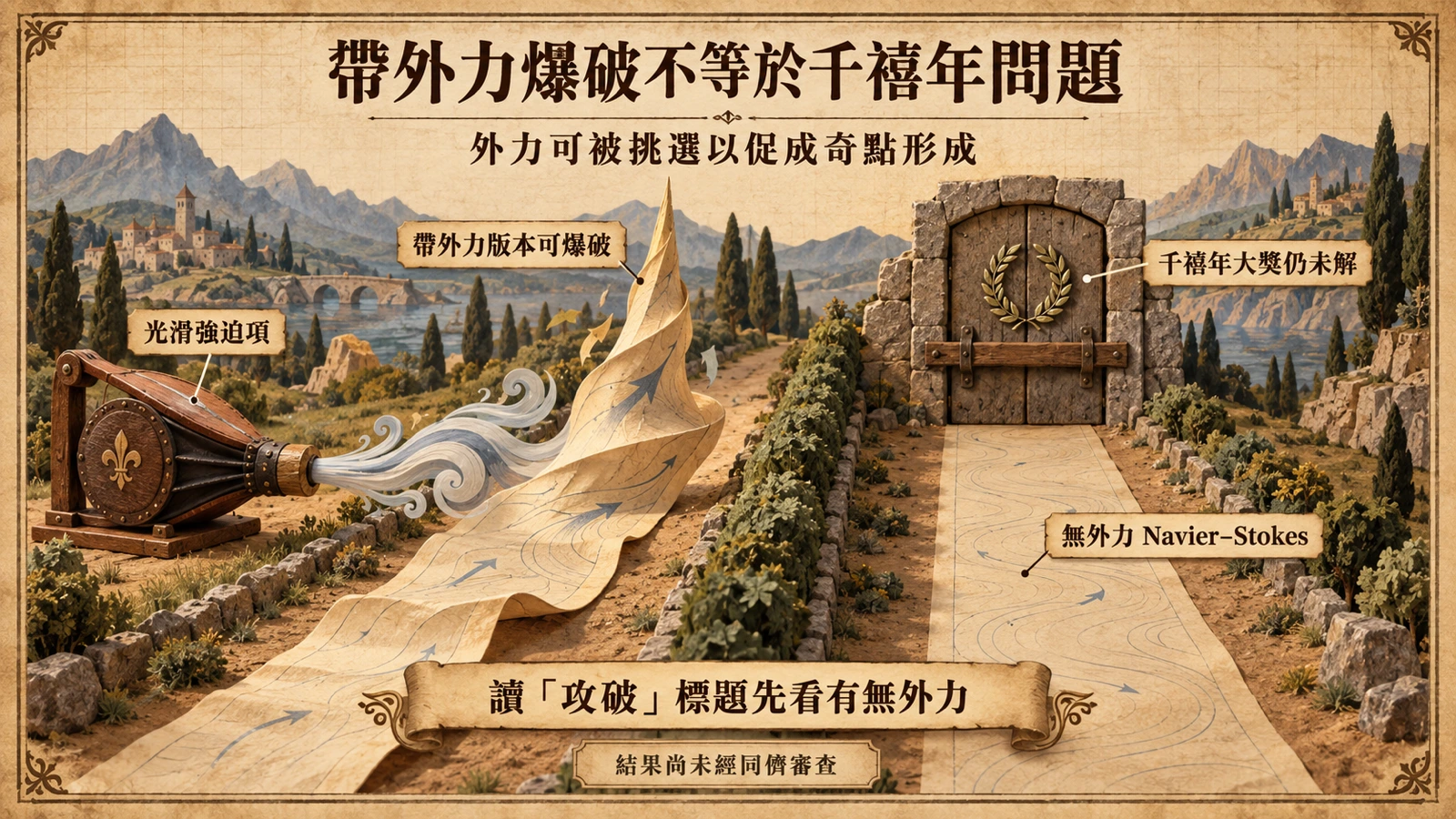 帶外力版本與無外力版本對照：外力可促成奇點，無外力的千禧年問題仍未解。