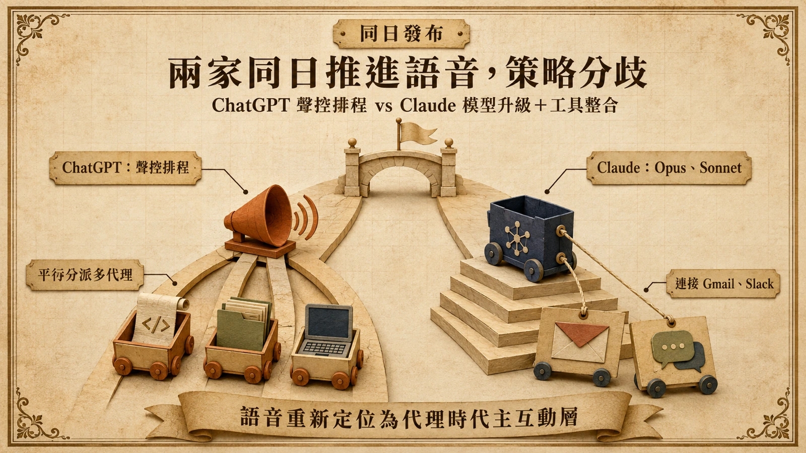 ChatGPT 從語音入口分派多個代理處理不同任務，Claude 則以單一模型搭配外部連接工具。