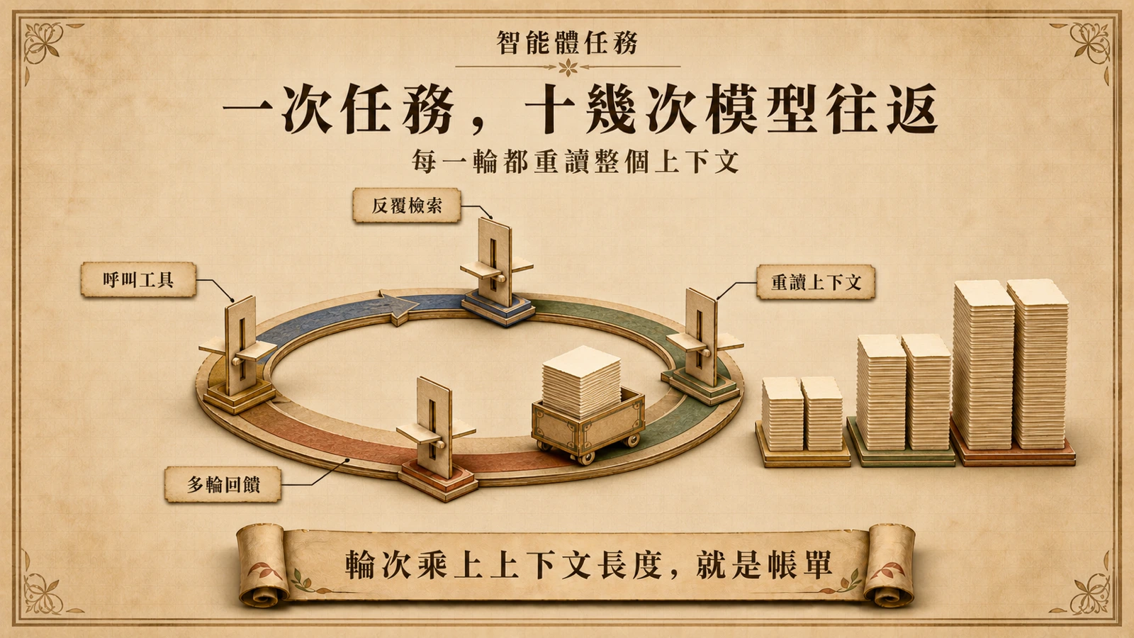 智能體把一次任務拆成多輪模型呼叫，每繞一圈，檢索、上下文、工具與回饋就重新計算一次。