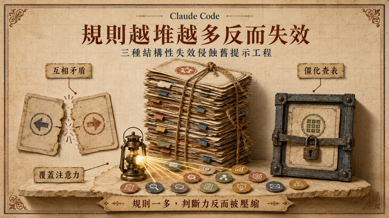 規則堆疊會造成指令矛盾、注意力稀釋與行為僵化三種結構性失效。