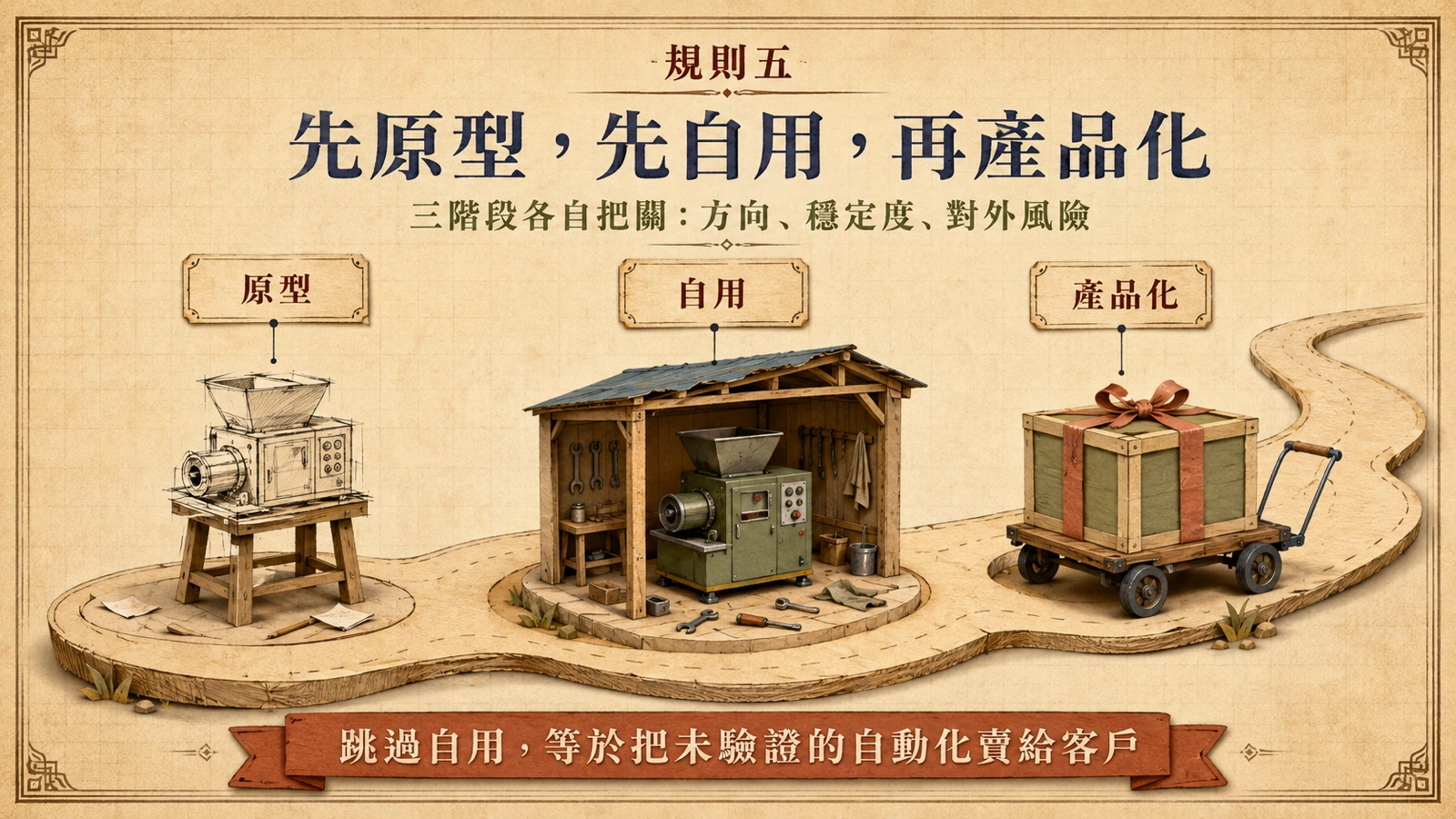 一條路上的三個工作站，從草圖原型、天天自用的機器，到裝箱運送的成品，呈現三階段升級路徑。