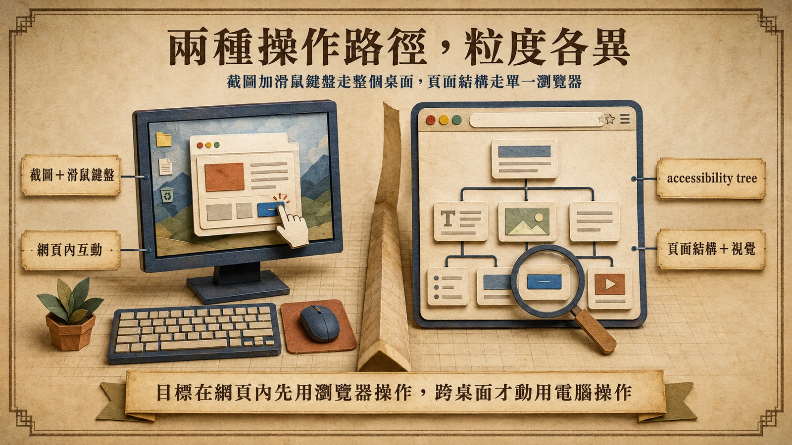 電腦操作以截圖與滑鼠鍵盤控制整個桌面，瀏覽器操作透過頁面結構與視覺資訊在網頁內互動。