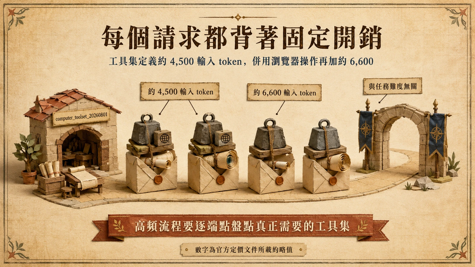工具集定義為每個請求加入固定的 token 開銷，與任務難度無關。