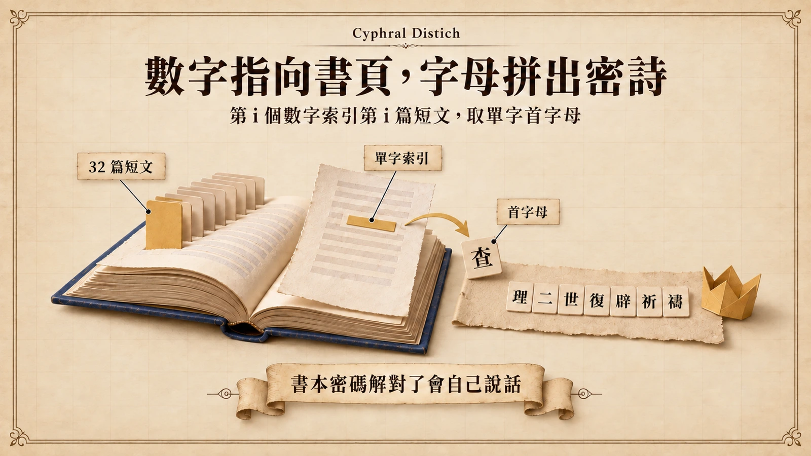 左側數字卡透過連線指向書中短文頁，被選中的單字首字母浮起，在右側紙帶上串成一行詩句。
