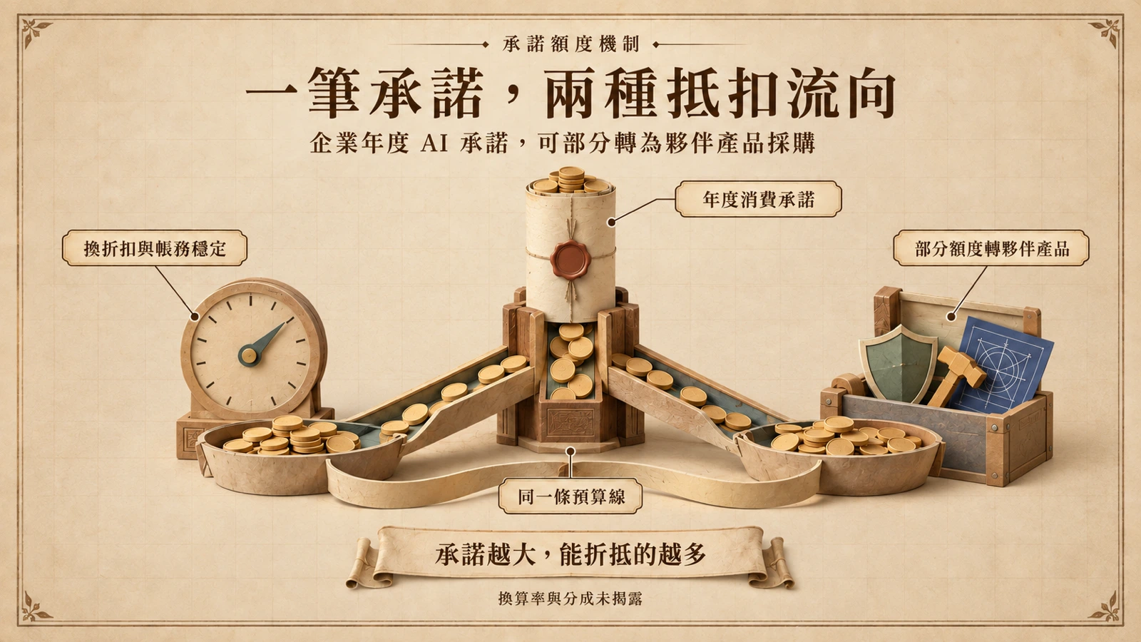 企業的年度 AI 承諾額度分成兩條流向，一邊支付 Claude 模型用量，一邊折抵夥伴產品。