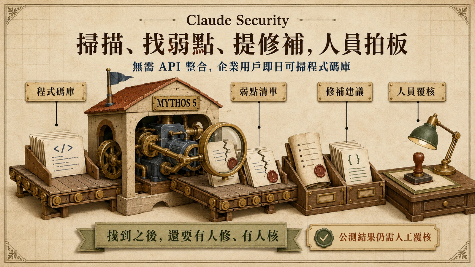 Claude Security 掃描流程：程式碼庫送進檢查台，產出弱點清單與修補建議，最後由人員覆核。