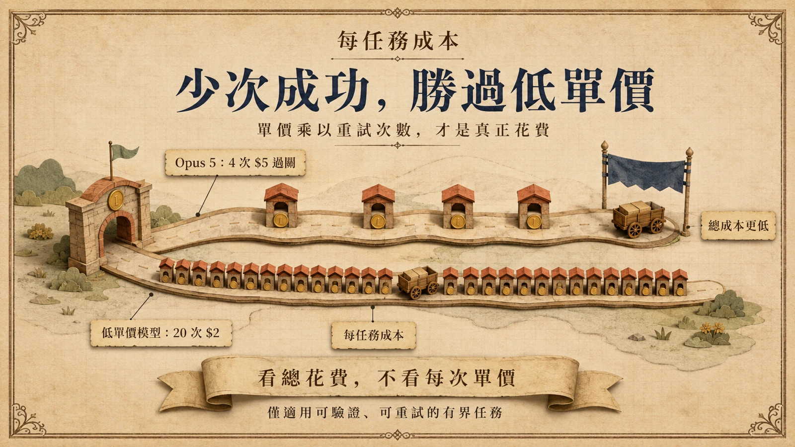 Opus 5 雖然單次推理價格較高，但完成任務所需步驟較少，總成本可能低於低單價模型。