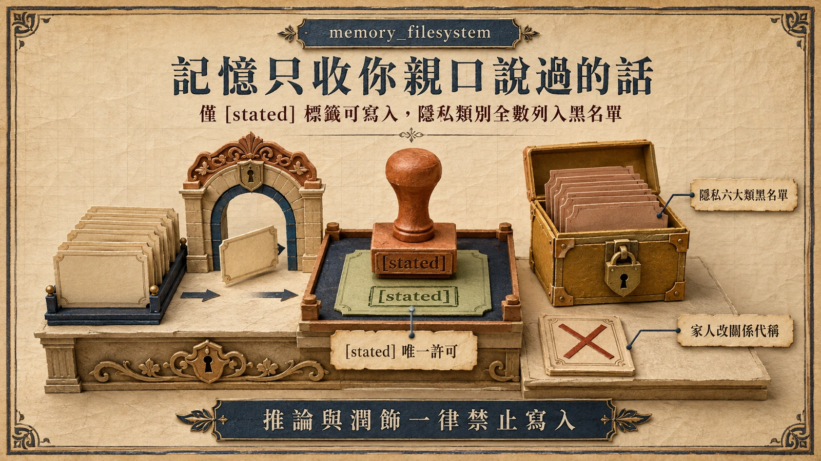 只有使用者明確陳述的資訊可寫入記憶，隱私類別與推測內容會被排除。