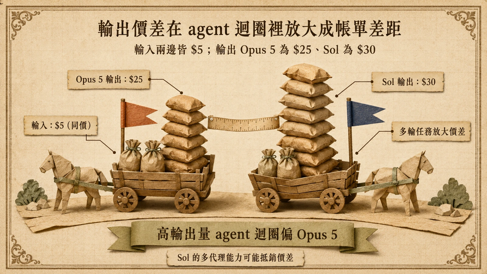 在相同輸入量下，GPT-5.6 Sol 的輸出 token 負擔高於 Claude Opus 5，拉高任務成本。