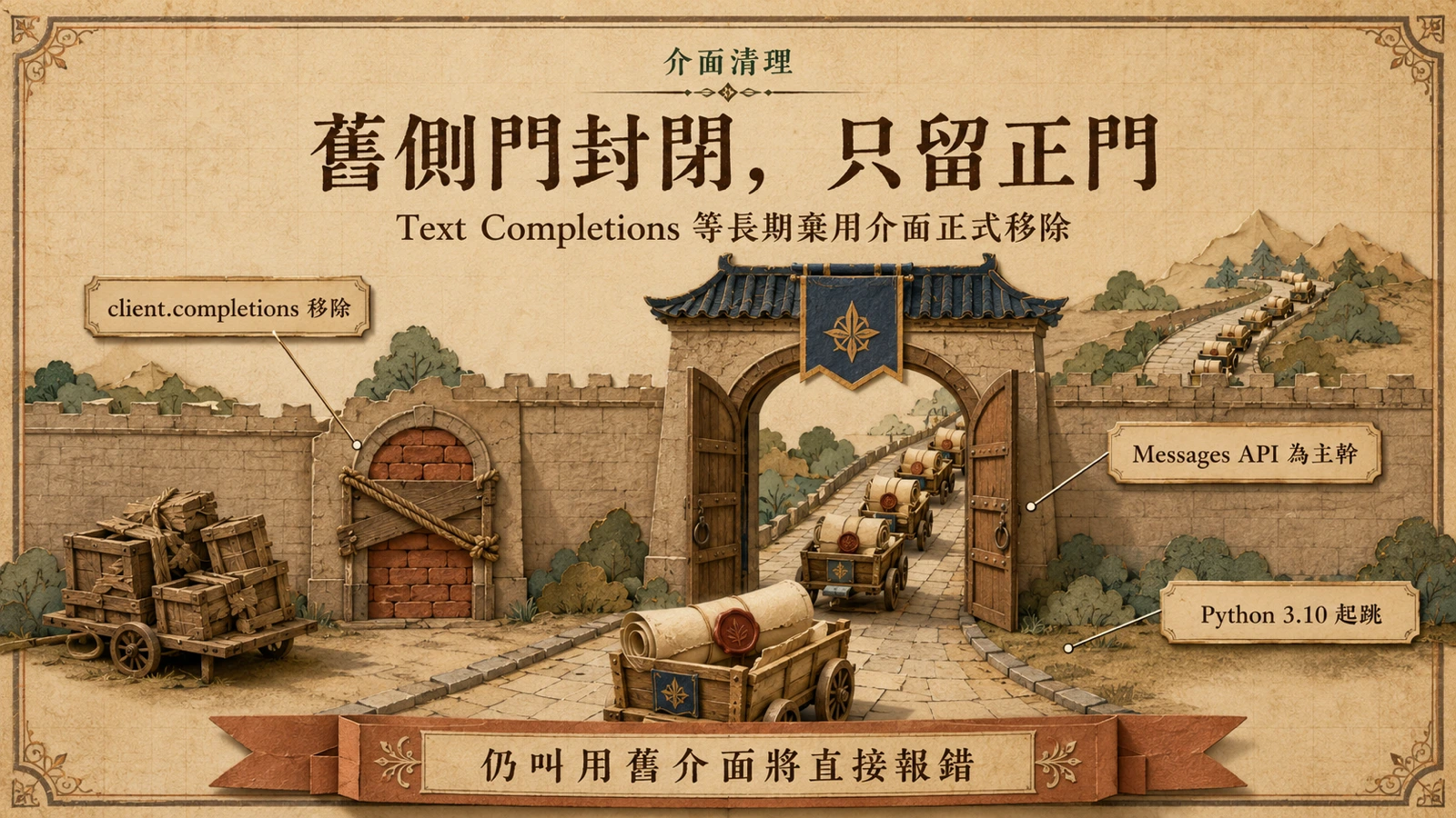 舊版 Text Completions 介面被移除，SDK 只保留 Messages API 這條主要路徑。