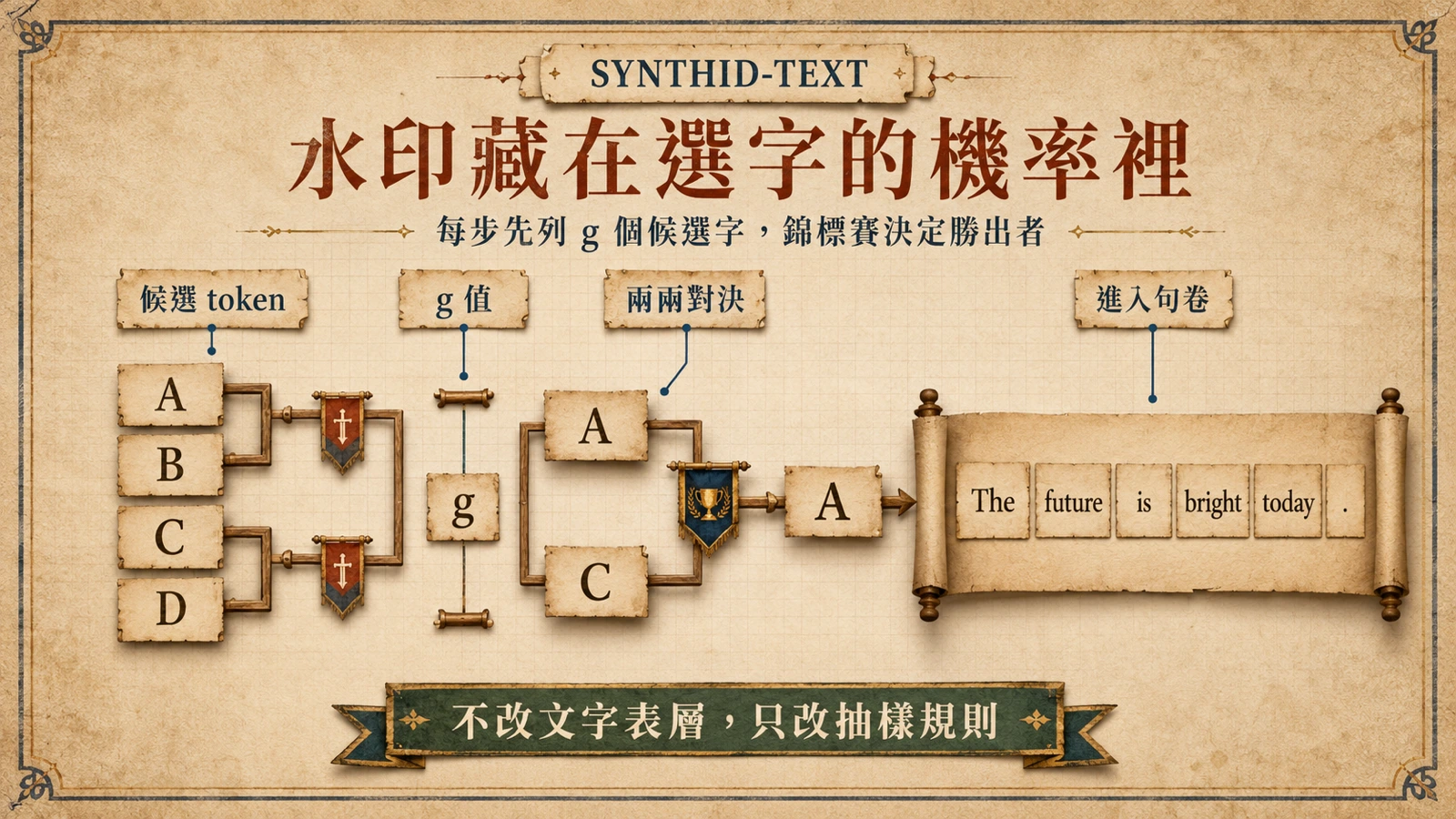 候選字卡以淘汰賽方式兩兩對決，勝出的字卡排成句子，呈現水印嵌入選字機率的原理。