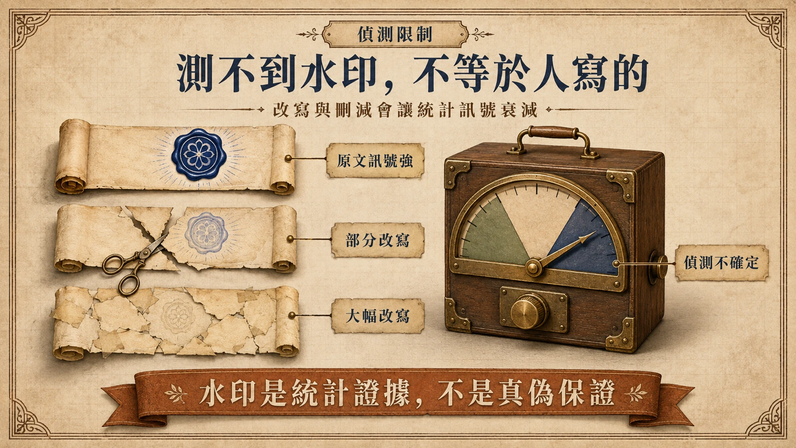 三段文字卷的印章訊號隨改寫程度遞減，偵測指針轉向不確定區，提醒水印偵測本質上是統計判斷。