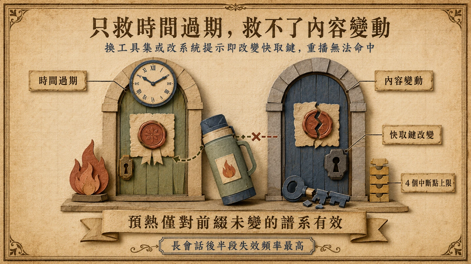 時間造成的快取過期可透過預熱延續，內容變動導致的快取失效則無法補救。