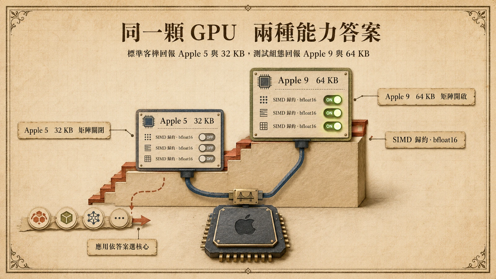 標準 macOS 客機回報較舊的能力等級，使 llama.cpp 選用較慢核心；測試組態則揭露更新的 Metal 路徑。