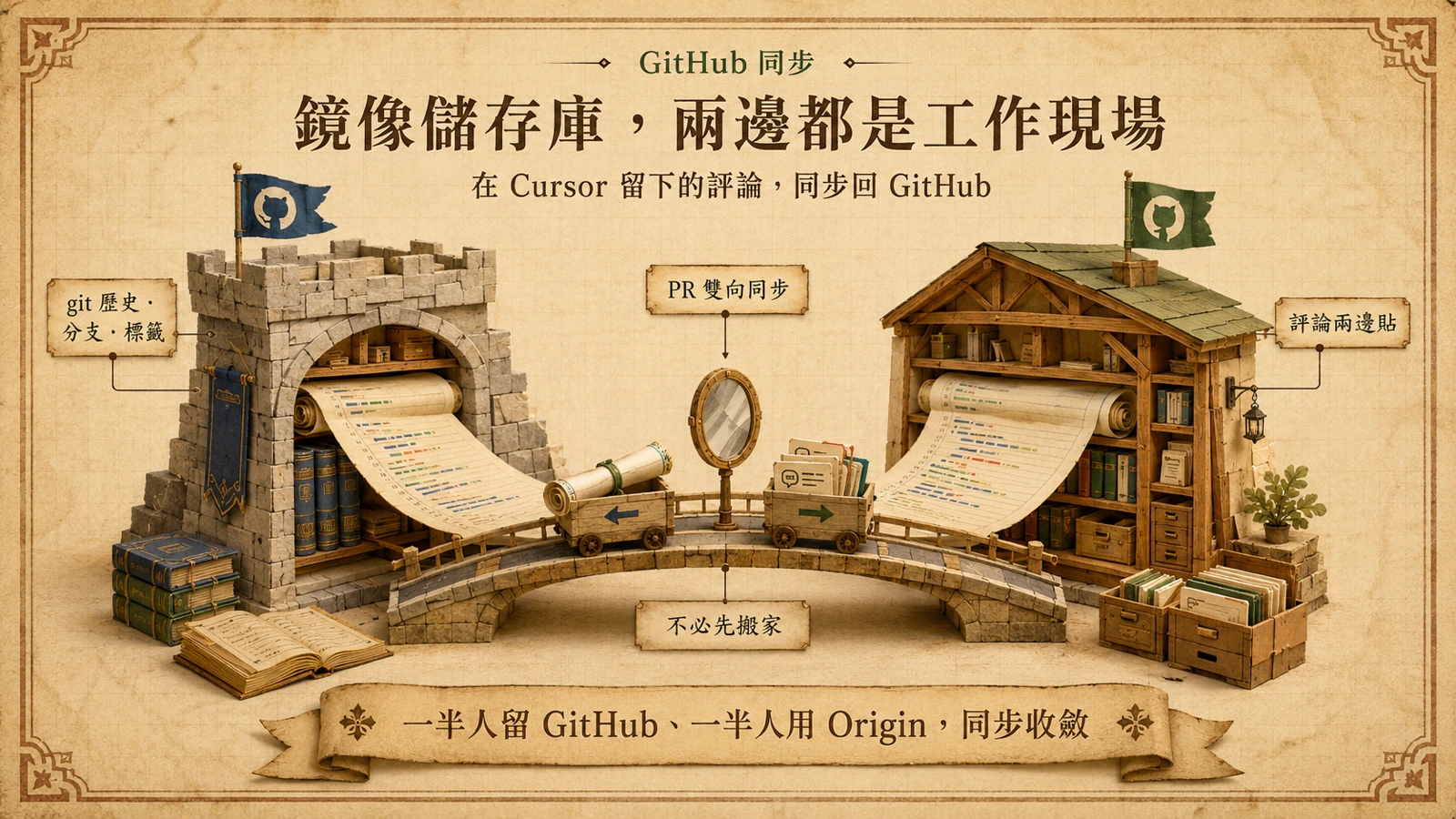Origin 與 GitHub 的鏡像同步：同一個儲存庫在兩個平台並排存放，審查意見與變更沿著雙向通道傳遞。