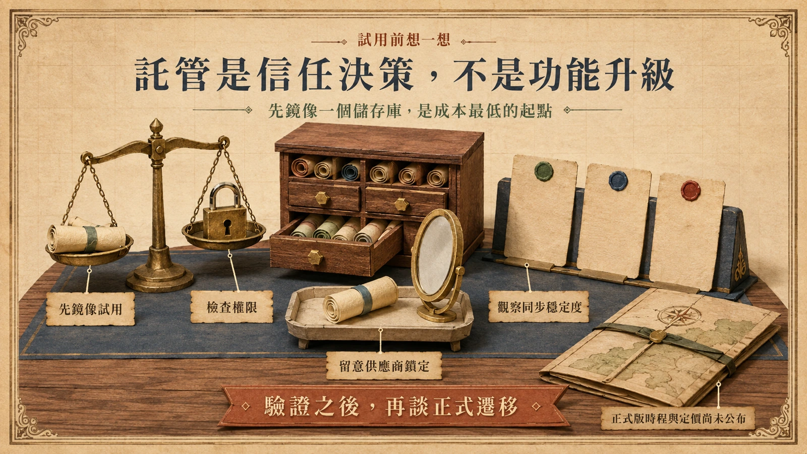 評估 Origin 的建議路徑：先鏡像一個儲存庫試用，同時檢查權限、鎖定風險與同步穩定度，再考慮遷移。