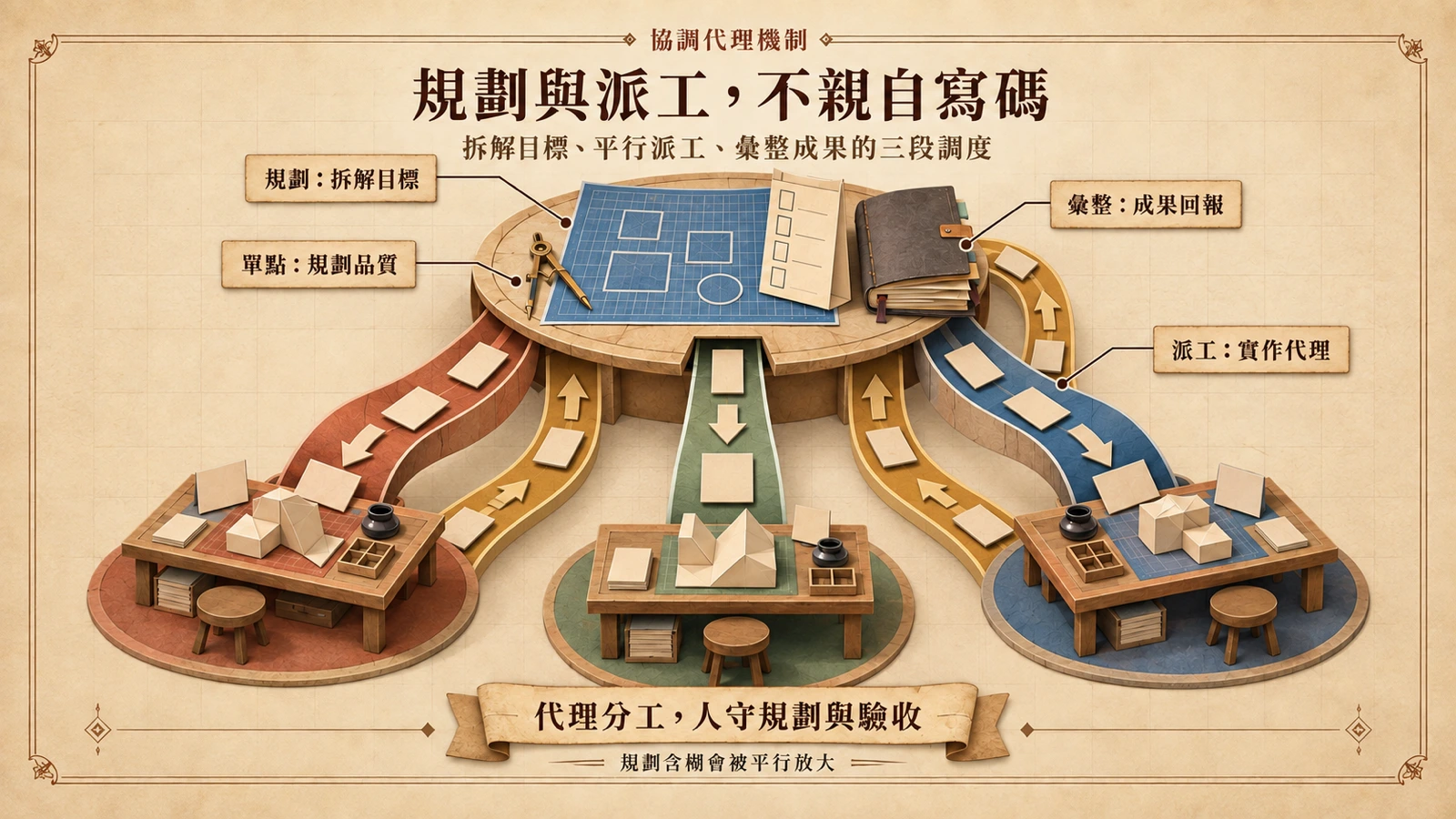 中央的規劃台把拆解後的任務卡沿三條滑槽派給周邊的實作工作台，成品卡再沿回程通道彙整合冊，呈現協調代理的調度循環。