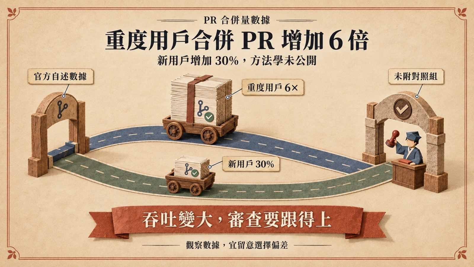兩條平行道路上的推車對比：一輛堆滿已合併 PR 卡片，另一輛堆疊較少，呈現重度與新用戶兩組的合併量差距。