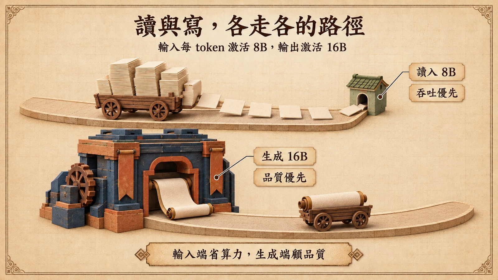 輸入端走輕量路徑、輸出端走較寬路徑，對應 8B 與 16B 的非對稱激活設計。