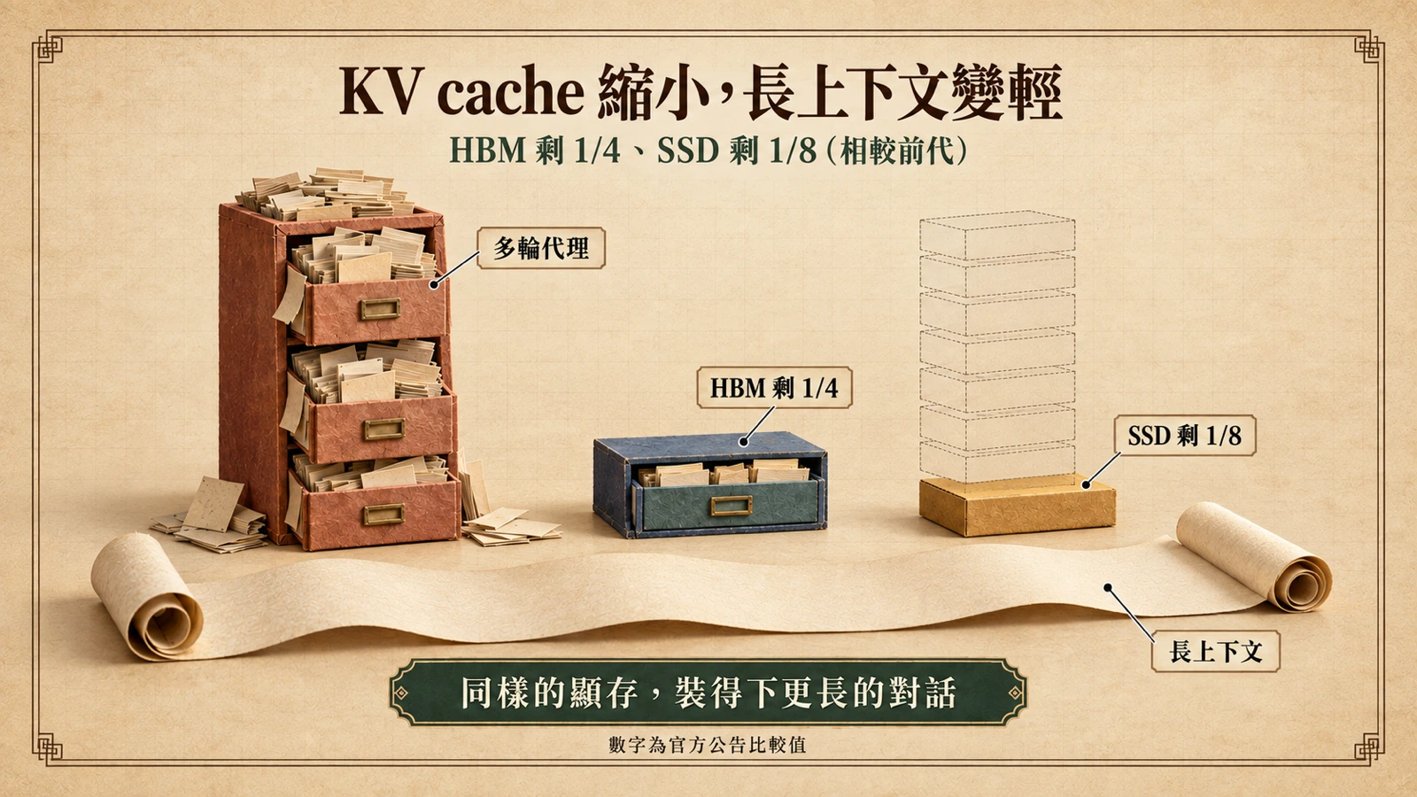 相較前代，KV cache 的 HBM 需求降為四分之一、SSD 降為八分之一的示意。