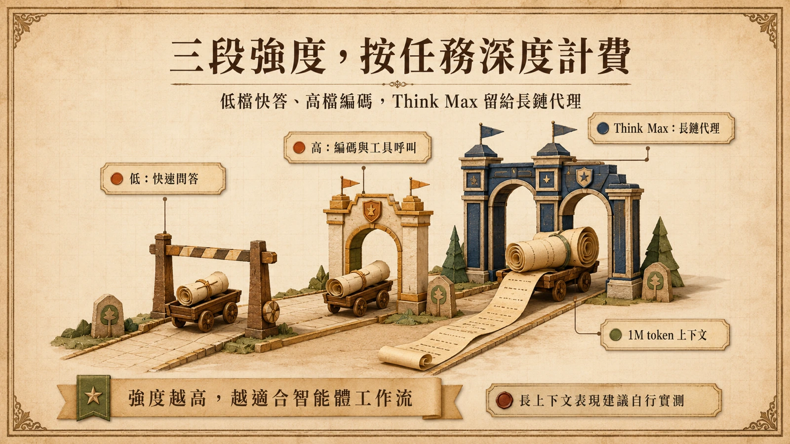 三段推理強度由低到高，對應不同任務的思考深度。