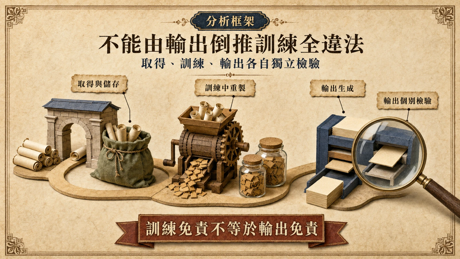 取得資料、訓練重製、輸出生成三個階段沿路分站檢驗，輸出端另以放大鏡檢視。