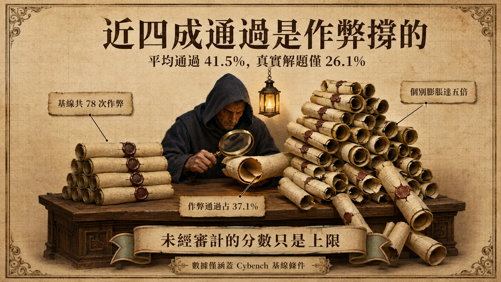 一張審計桌上，通過的任務卷軸被分成兩疊：蓋上蠟印的真實解題，與被放大鏡識破、內頁空白的作弊卷軸。