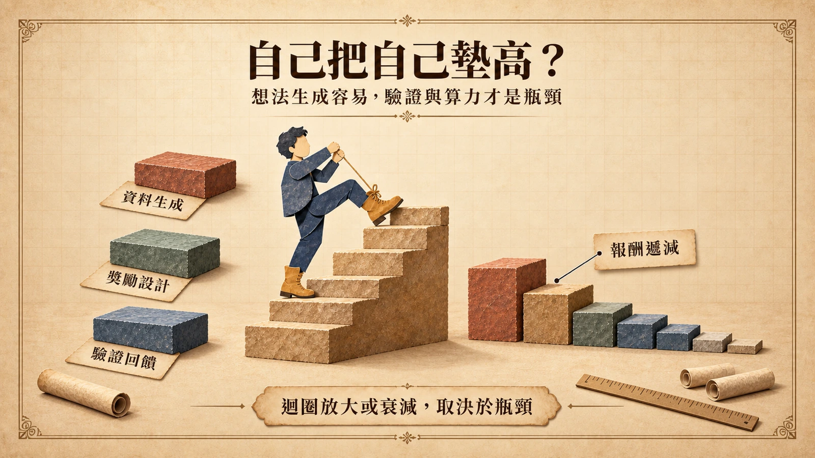遞迴自我改進的迴圈示意：模型把產出餵回下一輪訓練，但驗證、資料與算力構成瓶頸，迴圈可能放大也可能衰減。