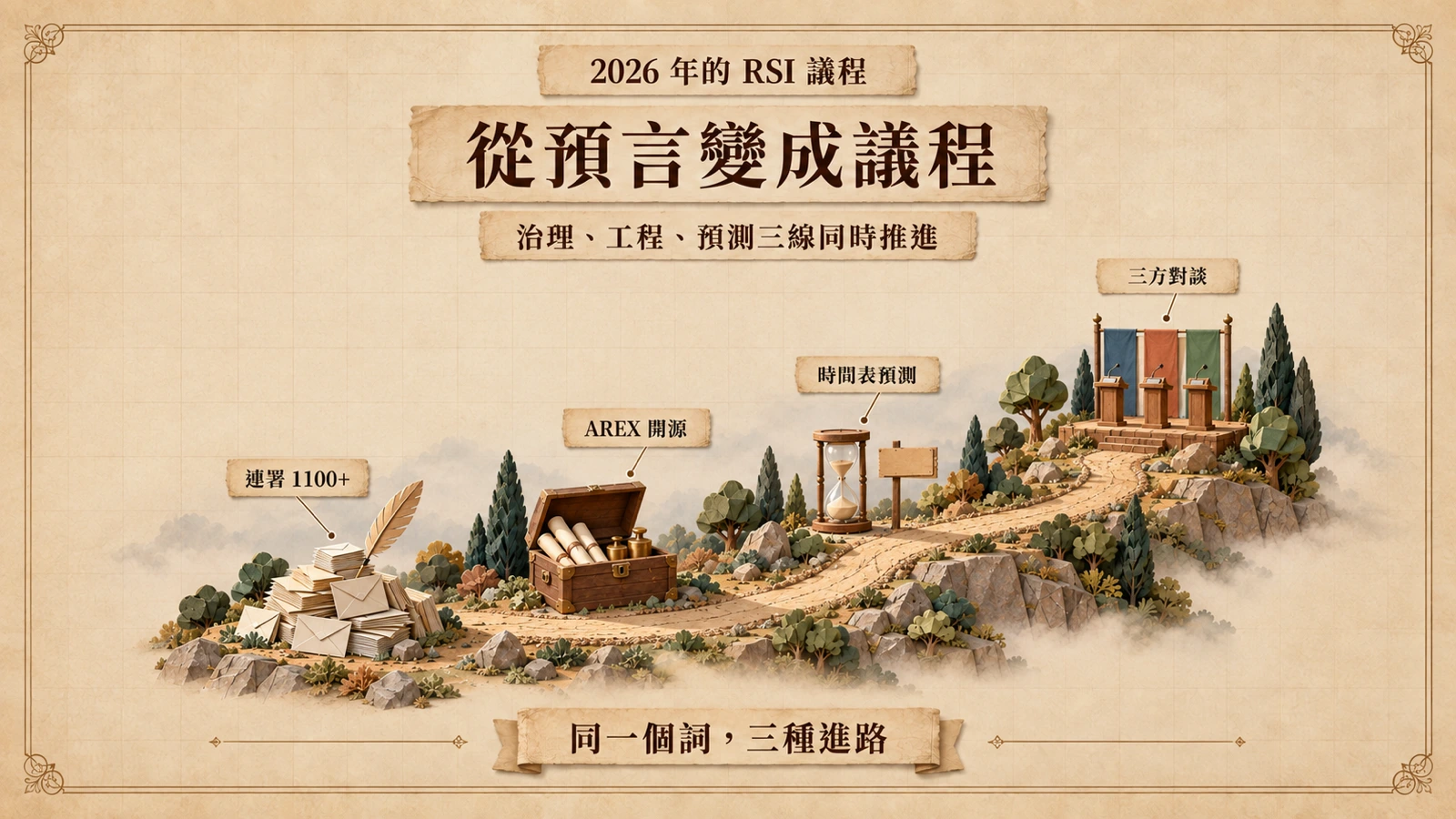 2026 年遞迴自我改進議題沿治理、工程、預測三條線推進的示意，路旁里程碑逐漸增多。