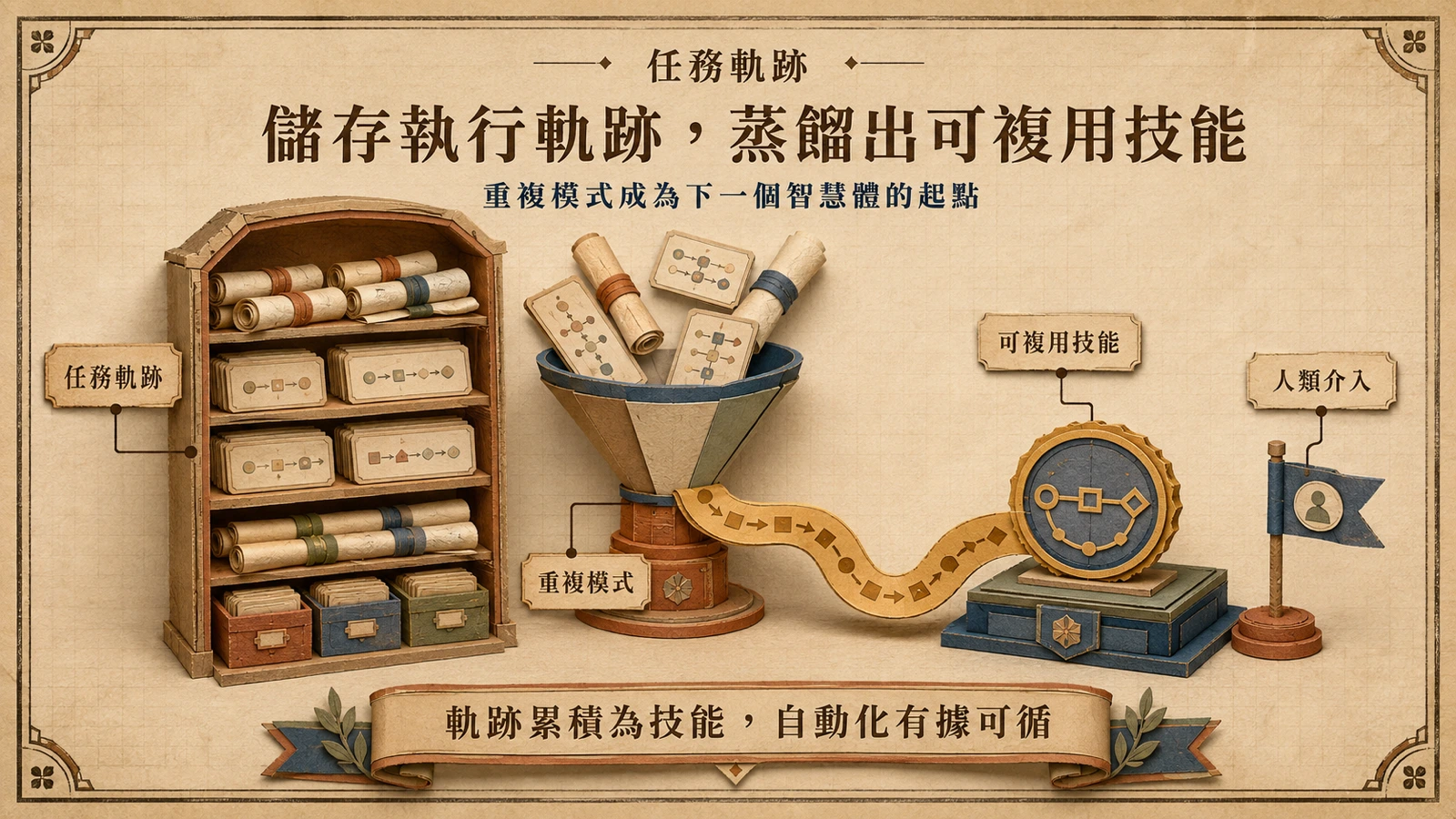 大量任務軌跡經蒸餾後可形成可重複使用的技能，但仍需人類審查。