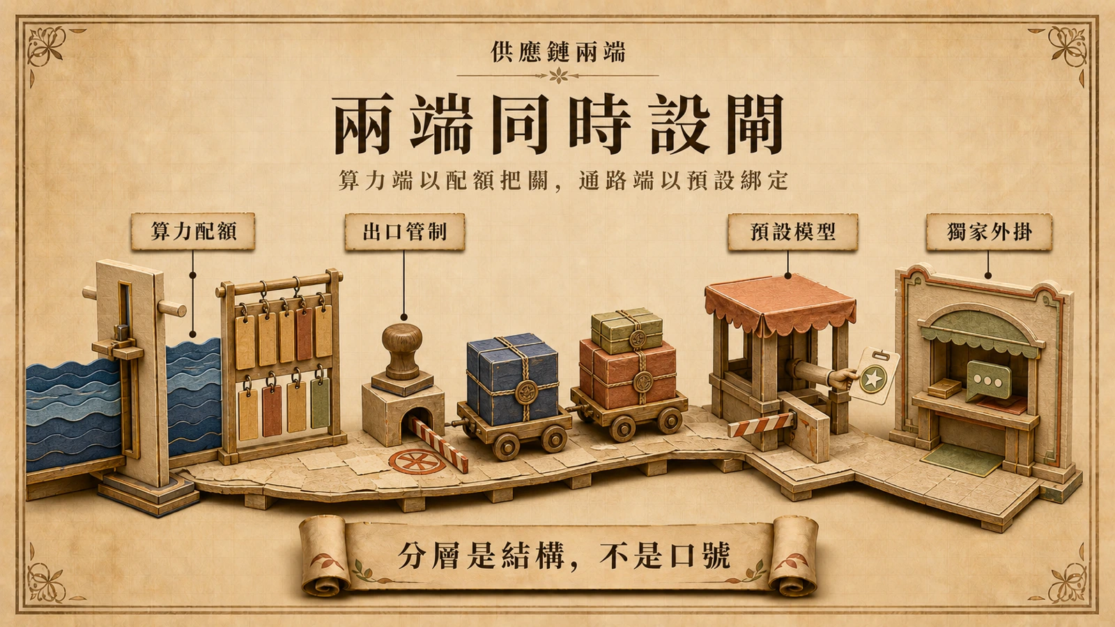 上游算力由配額與出口管制把關，下游通路由預設模型與獨家綁定把關，兩端同時設閘。