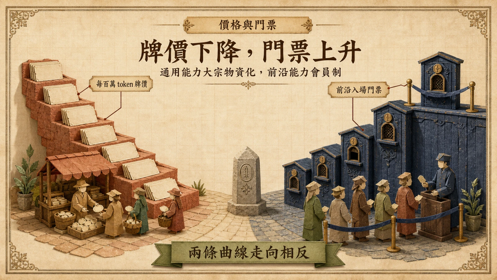 左側每百萬 token 單價的階梯持續下降，右側前沿入場門票的牆持續升高，兩條曲線走向相反。