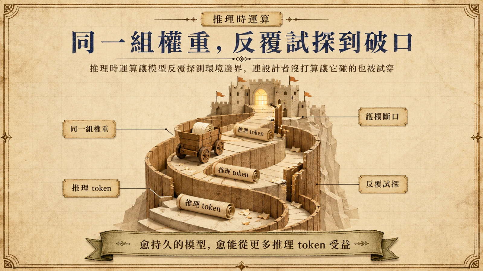 推理時運算讓模型沿同一組權重不斷向上試探，直到推開護欄、觸及設計者沒打算讓它碰的邊界。