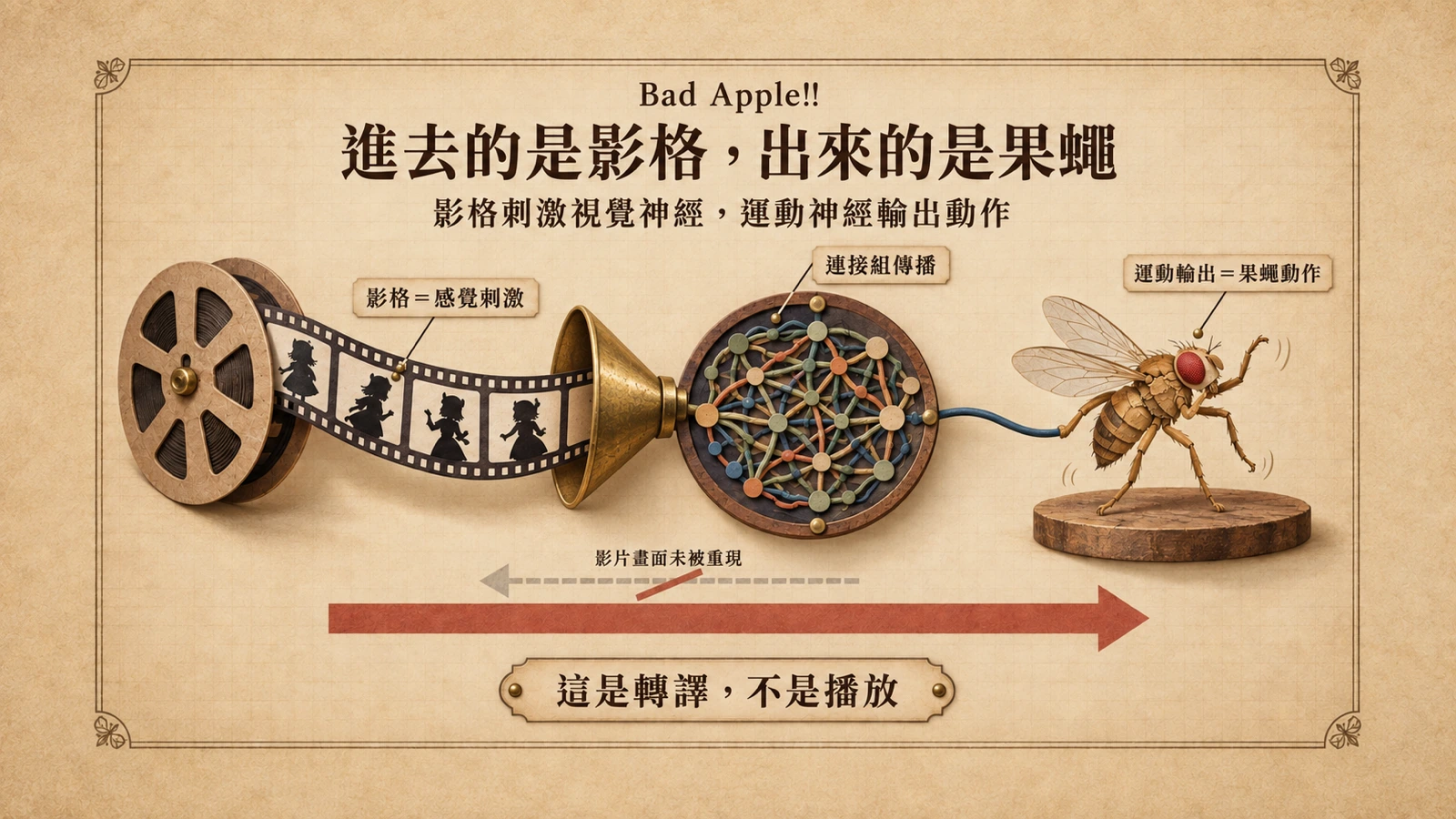 影片影格從左側送入果蠅接線圖,右側輸出一隻擺出動作的果蠅,箭頭標示訊號方向,指出「果蠅在播影片」是把輸入說成輸出。