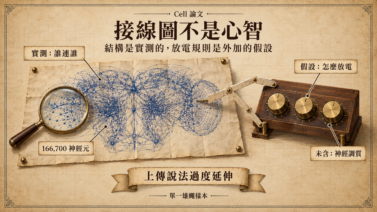 攤開的果蠅神經接線藍圖旁,一組旋鈕正被移向藍圖,比喻放電規則由模擬者外加假設,接線圖本身不是心智。