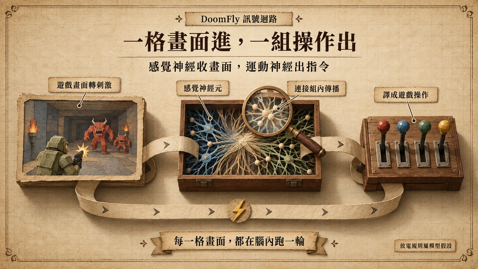 遊戲畫面經轉換成為感覺刺激傳入連接組，在神經元之間傳播後由運動神經譯成前進、轉向與開火等遊戲操作，形成封閉迴路。