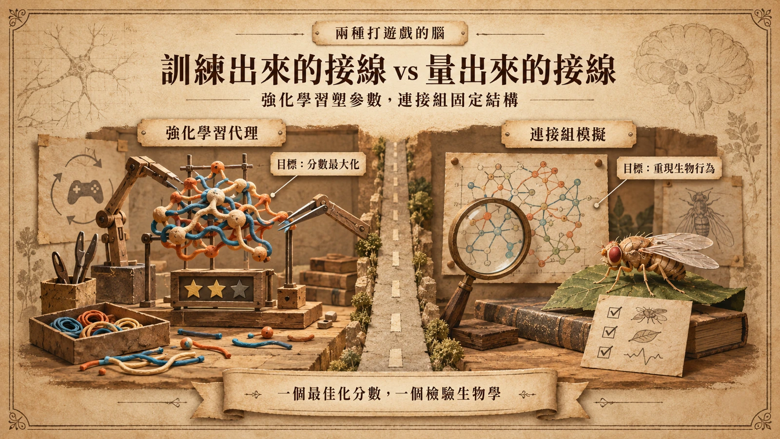 強化學習代理由訓練塑造結構、以分數最大化為目標；果蠅連接組模擬的結構來自實測接線，以重現生物行為為目標，兩者並列對照。