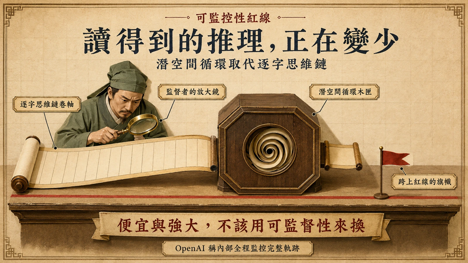 模型的部分推理從可逐字閱讀的思維鏈卷軸,移往不輸出文字的潛空間循環,監督者透過放大鏡能讀到的內容變少。