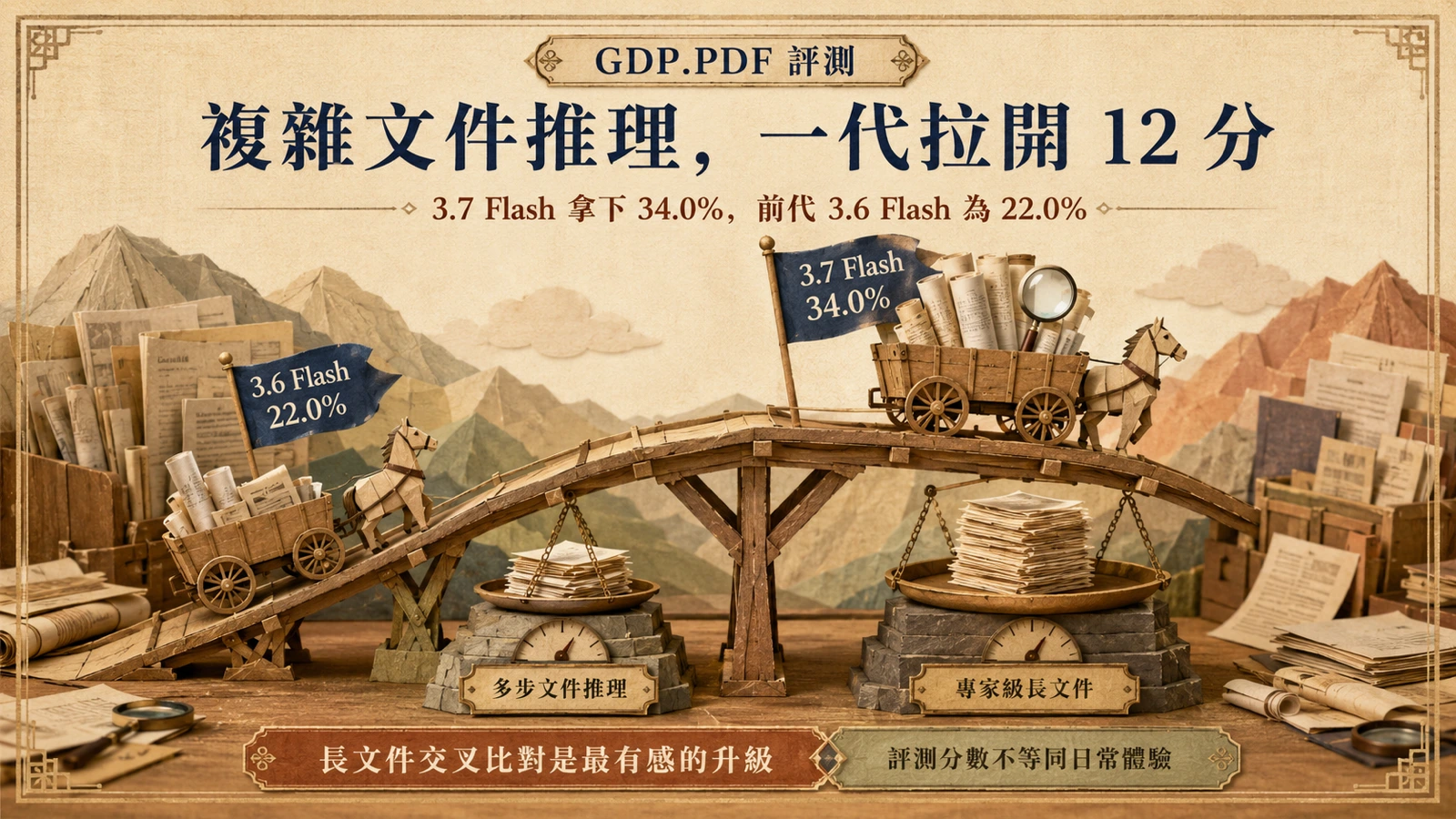 兩輛運載文件卷軸的紙製馬車分別通過兩座秤橋，載運較多文件的一輛明顯走在前方。