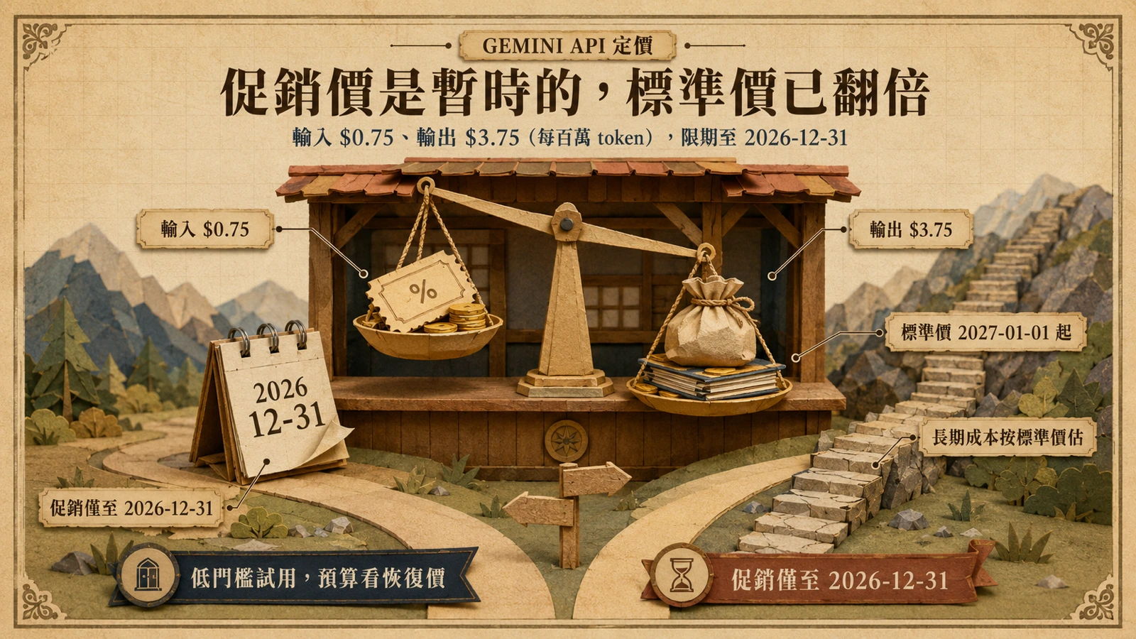 一座驛站櫃檯上放著硬幣與紙片組成的計量秤，旁邊的撕頁日曆停在年底。
