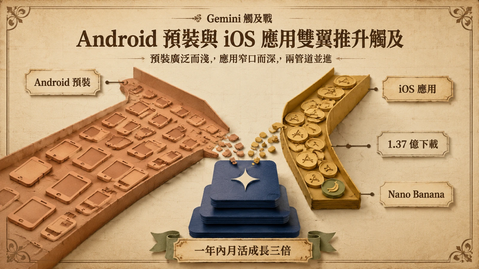 Android 預載與 iOS 應用商店兩條分發路徑共同推升 Gemini 的使用規模。