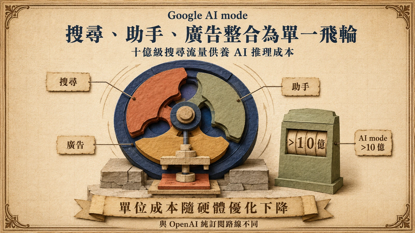 搜尋、AI 助手與廣告互相帶動，形成降低成本並擴大 AI Mode 使用量的成長飛輪。
