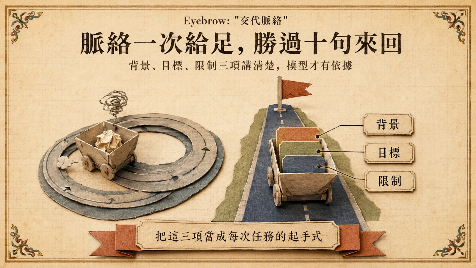 把背景、目標與限制一次說清楚，模型才抓得到真實需求；交代不足就只能憑猜測。
