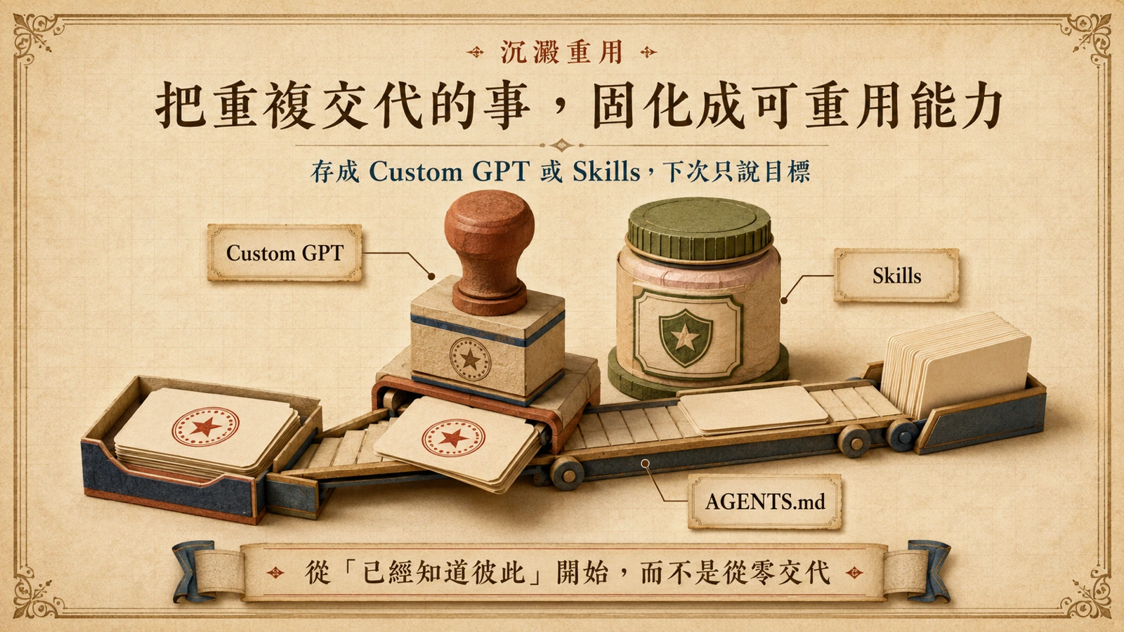 把重複的背景與規則封進 Custom GPT 或 Skills，下次只說目標，脈絡自動帶上。