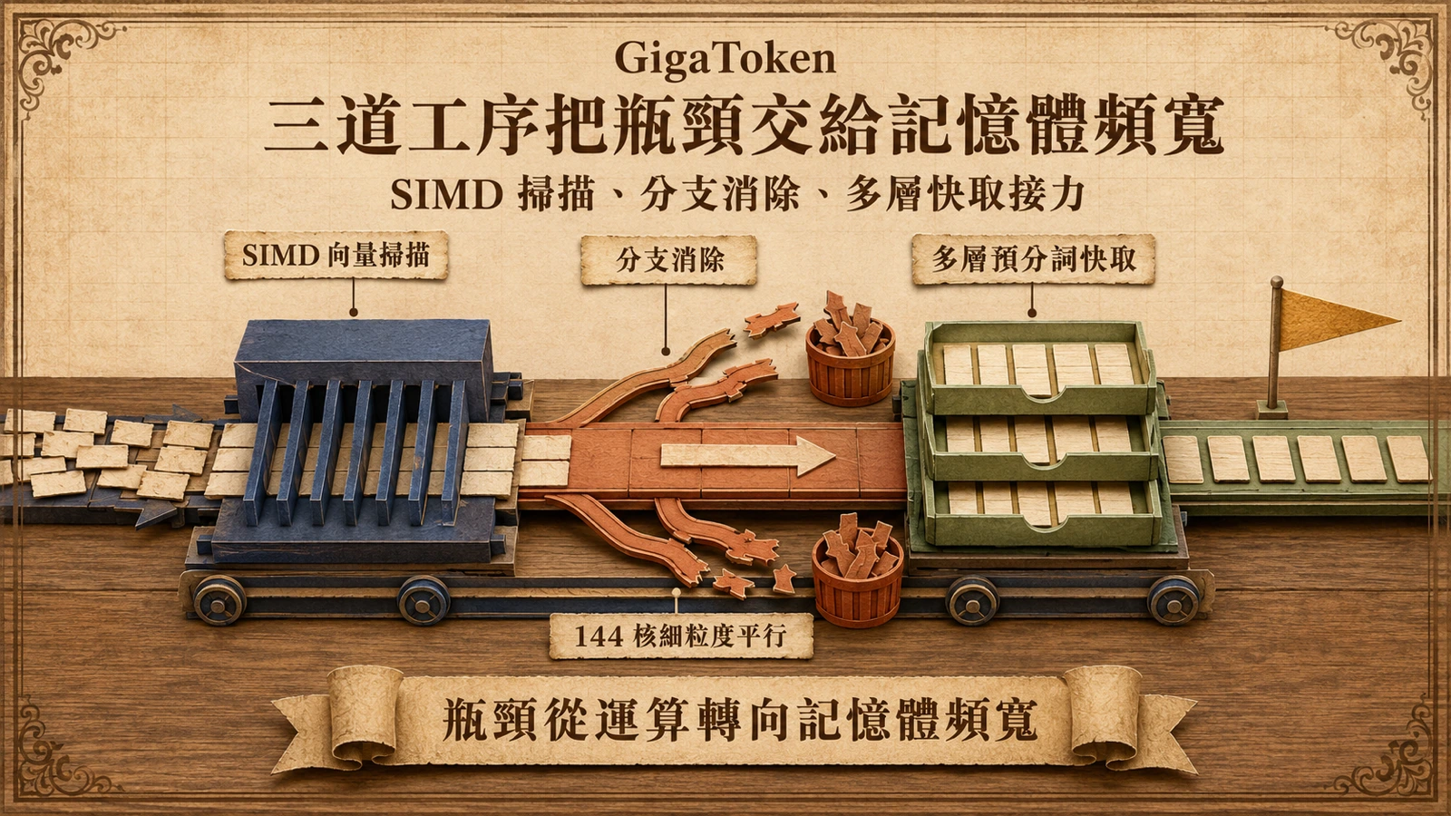 GigaToken 透過批次掃描、移除分支與預切片段，將文字快速轉成 token。