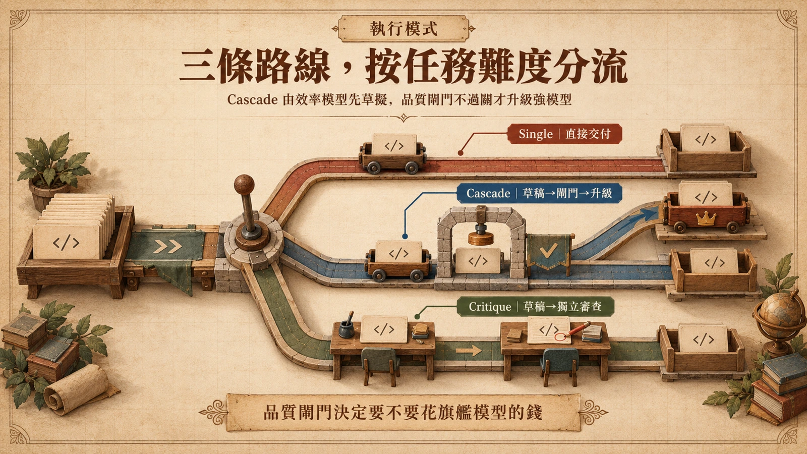 三種工作流的分工：Single 直接交付，Cascade 先由效率模型草擬再經品質閘門決定升級，Critique 由第二個模型審查草稿。